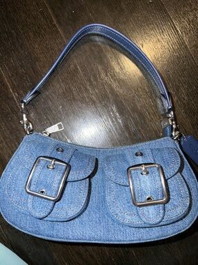 Coach Blue Denim Shoulder Bag with Silver Buckles